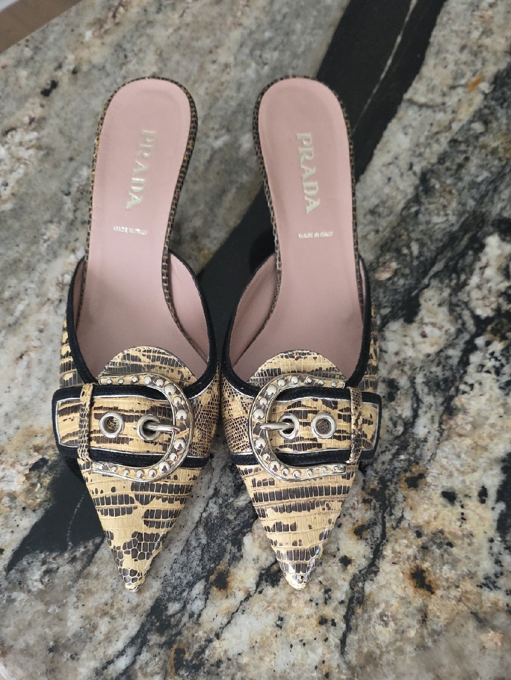 PRISTINE Prada Y2K Mules Slides Heels Size 37 US 7 Snakeskin Leathet Bottom